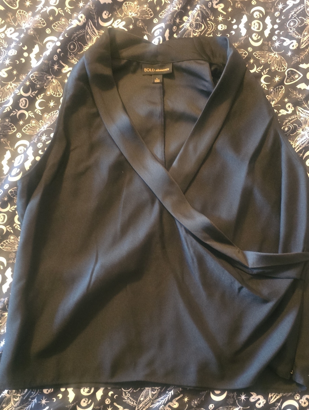 BOLD elements Black Satin-Trim Wrap Blouse